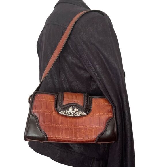 M C Marc Chantal Leather Bag Croc Embossed Two Tone Brown Silver Hardware - Picture 8 of 8